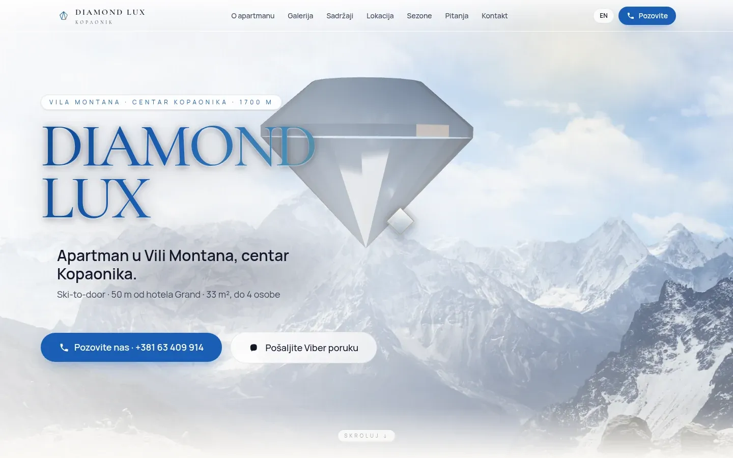 Diamond Lux Kopaonik homepage: a large blue Diamond Lux title, a transparent 3D diamond and snow-covered mountains in the background.