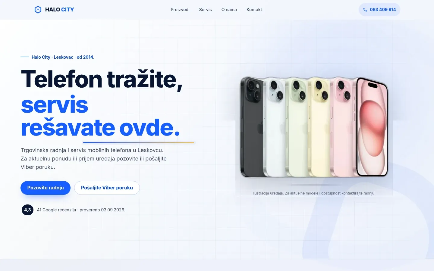 Second version of the Halo City Leskovac homepage without the 3D scene: a phone sales and repair heading and phones in five colours.