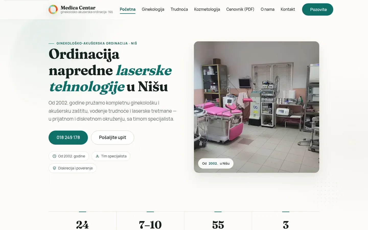 Početna strana sajta Medica Centar: naslov o ordinaciji u Nišu sa dve reči u zelenom kurzivu i fotografija ordinacije.